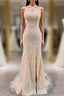 Classy Gold Lace Appliques Long Strapless Formal Prom Dress with Side Slit