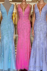 Plunge V Neck Lace Appliques Long Formal Prom Dress