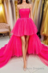 High Low Hot Pink Strapless Formal Prom Gown