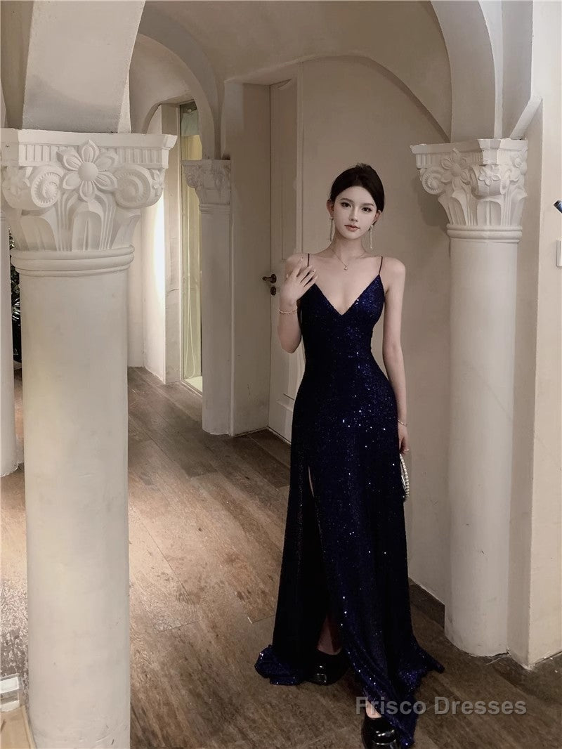 adult prom dresses Navy Blue Spaghetti Strap A-Line V-Neck Sequined Long Prom Dress, Adul