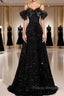 A-Line Off Shoulder Velvet Sequin Long Black Formal Prom Dress, Black Long Evening Dress