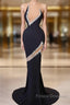 Mermaid V-neck Sleeveless Rhinestone Satin Tulle Formal Prom Dress