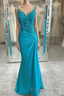 Jade Appliques Straps Twist Knot Mermaid Satin Long Formal Prom Dress