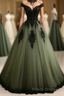 Green A-line Tulle Formal Prom Dresses Off The Shoulder Formal Evening Gown