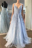 Fairy Light Blue Lace Appliques Tulle A-line Long Formal Prom Dress