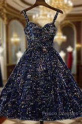 Glitter Navy Blue Sequin Short Formal Prom Dress