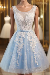 Light Blue Tulle Lace Applique Short Homecoming Dress with Straps
