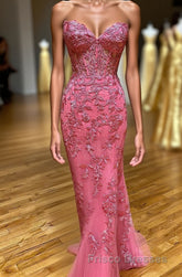 Coral Sweetheart Lace-Up Long Mermaid Formal Prom Dress with Appliques