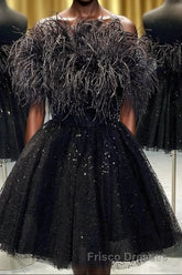 Black A-Line Strapless Homecoming Dress with Feathers