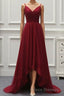 A Line High Low Tulle Formal Prom Dress with Train, Burgundy V Neck Backless Formal Prom Dress