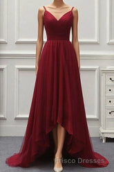 A Line High Low Tulle Formal Prom Dress with Train, Burgundy V Neck Backless Formal Prom Dress