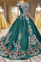 Luxury Green Round Neck Short Sleeves Formal Prom Dress with Beading