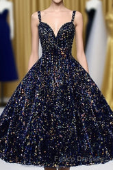 Glitter Spaghetti Straps Cute Short Formal Prom Dress Tight Tea Length Homecoming Dress