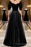 Modest Sparkly Black Long A-line Formal Prom Dress With Sleeves Evening Gowns