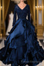 Formal Prom V-neck Beading Lace Satin Backless Ball Gown Formal Prom Dress With Sleeves