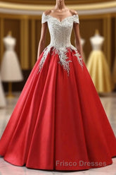 Modest Red Cap Sleeves Ball Gowns Lace Satin Formal Prom Dress Evening Dress