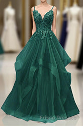 A-Line Tulle With Lace Applique Straps Long Party Dress, Green Tulle Formal Prom Dress