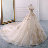 Off The Shoulder Ball Gown Sweetheart Wedding Dress, Long Appliques Bridal Dress