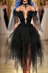 Off Shoulder Lace Applique Black Tulle Short Homecoming Graduation Dress