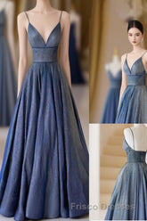 Blue V-Neckline Straps Low Back A-Line Formal Prom Dress, Blue Long Evening Dress
