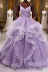 Princess Lavender Sparkly Spaghetti Straps Long Formal Prom Dress Floor Length Evening Gown