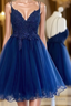 Dark Blue V Neck Short Formal Prom Dress With Beads Appliques,Blue Homecoming Dress