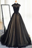 Black Tulle Cap Sleeves Floor Length Long Prom Dresses, Luxury Dresses