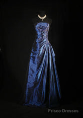 Vintage Ball Gown Strapless Navy Blue Satin Long Prom Dresses Party Dress