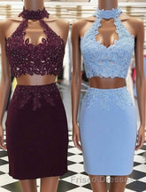 Two Piece Tight Short Burgundy-Blue Homecoming Dress with Key Hole