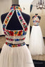 Two Pieces Embroidery Prom Dresses, Unique Halter Open Back Formal Dress With Tulle
