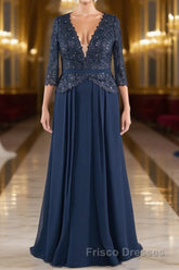 Navy V-Neck Long Sleeves Lace Appliques Chiffon Formal Prom Dress