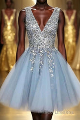 Blue V Neck Homecoming Dress With Beadings