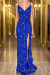 Mermaid Spaghetti Straps Royal Blue Sequins Long Formal Prom Dress