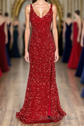 Sheath Spaghetti Straps Red Sequins Formal Prom Dress with Split Front