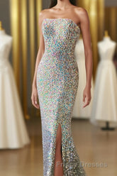 Silver Strapless Lace-Up Sequins Long Formal Prom Dress with Slit