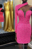 Hot Pink One Shoulder One Sleeves Tight Sequins Short Homecoming Dress