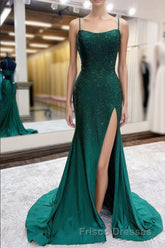 Mermaid Spaghettti Straps Dark Green Sequins Long Formal Prom Dress with Split Front