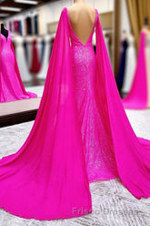 Hot Pink Mermaid Formal Prom Dress With Wateau Train