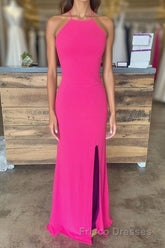 Sheath Halter Hot Pink Long Formal Prom Dress with Silt