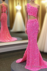 Hot Pink One Shoulder Sequins Formal Prom Dress with Slit