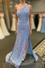 Light Blue One Shoulder Cut-Out Mermaid Long Formal Prom Dress with Fringes