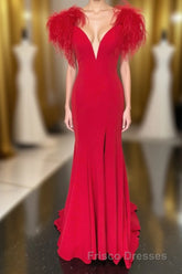 Red Mermaid Long Formal Prom Dress with Feathers