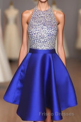 A-line Beaded Halter Satin Formal Prom Dress Short Open Back Homecoming Dress