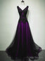A-Line Black And Purple Tulle V-Neckline Beaded Prom Dress, Black Tulle Formal Dress
