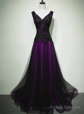 A-Line Black And Purple Tulle V-Neckline Beaded Prom Dress, Black Tulle Formal Dress