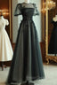 A-Line Black Puff Sleeves Tulle Long Formal Prom Dress, Black Formal Evening Dress