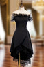 A-Line Black Satin Lace Of the Shoulder Formal Prom Dress