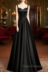 A-line Black Satin Straps Long Formal Dress, Black Simple Formal Prom Dress