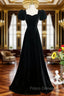 A-line Black Short Sleeves Velvet Long Party Dress, Black Simple Bridesmaid Dress