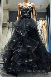 A-line Black Sweetheart Tulle Layers Long Party Dress, Black Tulle Formal Prom Dress